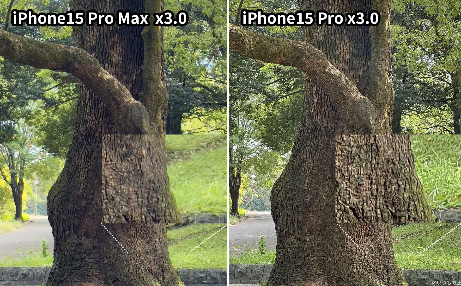 iphone15pro_promax_zoom_compare_3x-1 | iphone review.jp iPhone15 Pro/Pro Max 3.0倍 光学ズームの違い