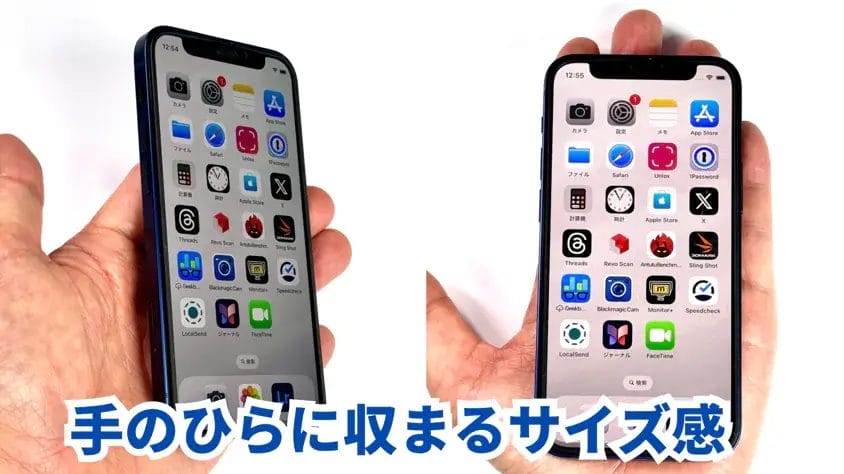 筆者の手のひらとiPhone12 mini