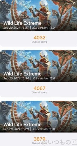 iphone16-3dmark-result | iphone review.jp iPhone16 AnTuTu ベンチマーク 3D MarkのWild Life Extremeのスコア