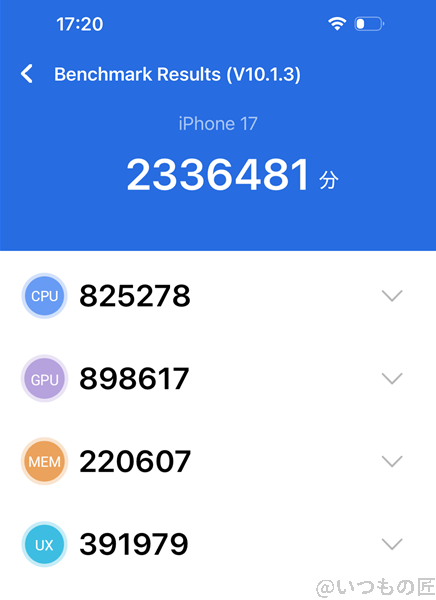 iphone17 ベンチマーク antutu antutu benchmark v10 計測結果 | iphone review.jp iPhone17 ベンチマーク Antutu AnTuTu Benchmark V10 計測結果