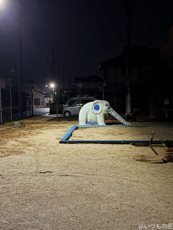 iPhone17 カメラ 夜の公園にたたずむ水色の像の遊具